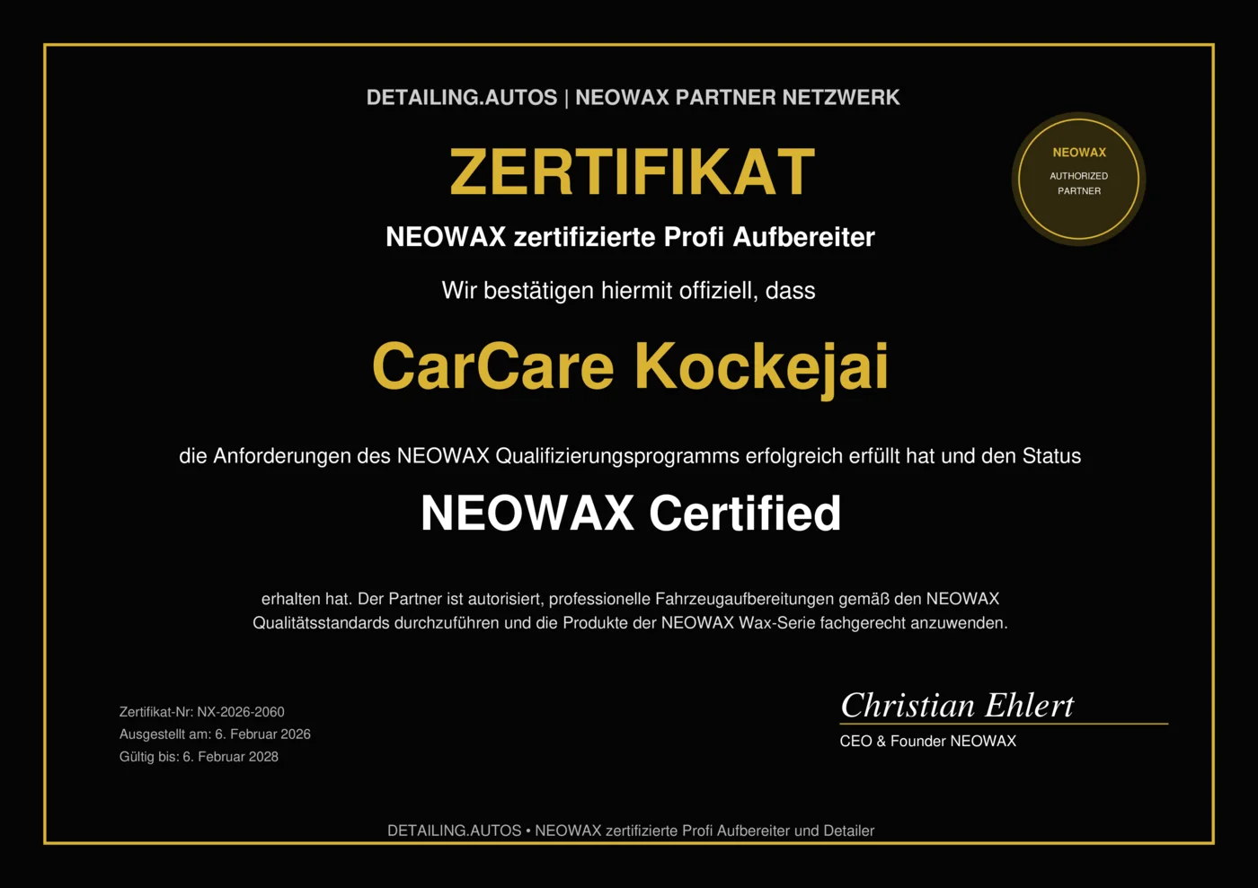 NEOWAX Zertifikat – CarCare Kockejai ist autorisierter NEOWAX Partner für professionelle Fahrzeugaufbereitung